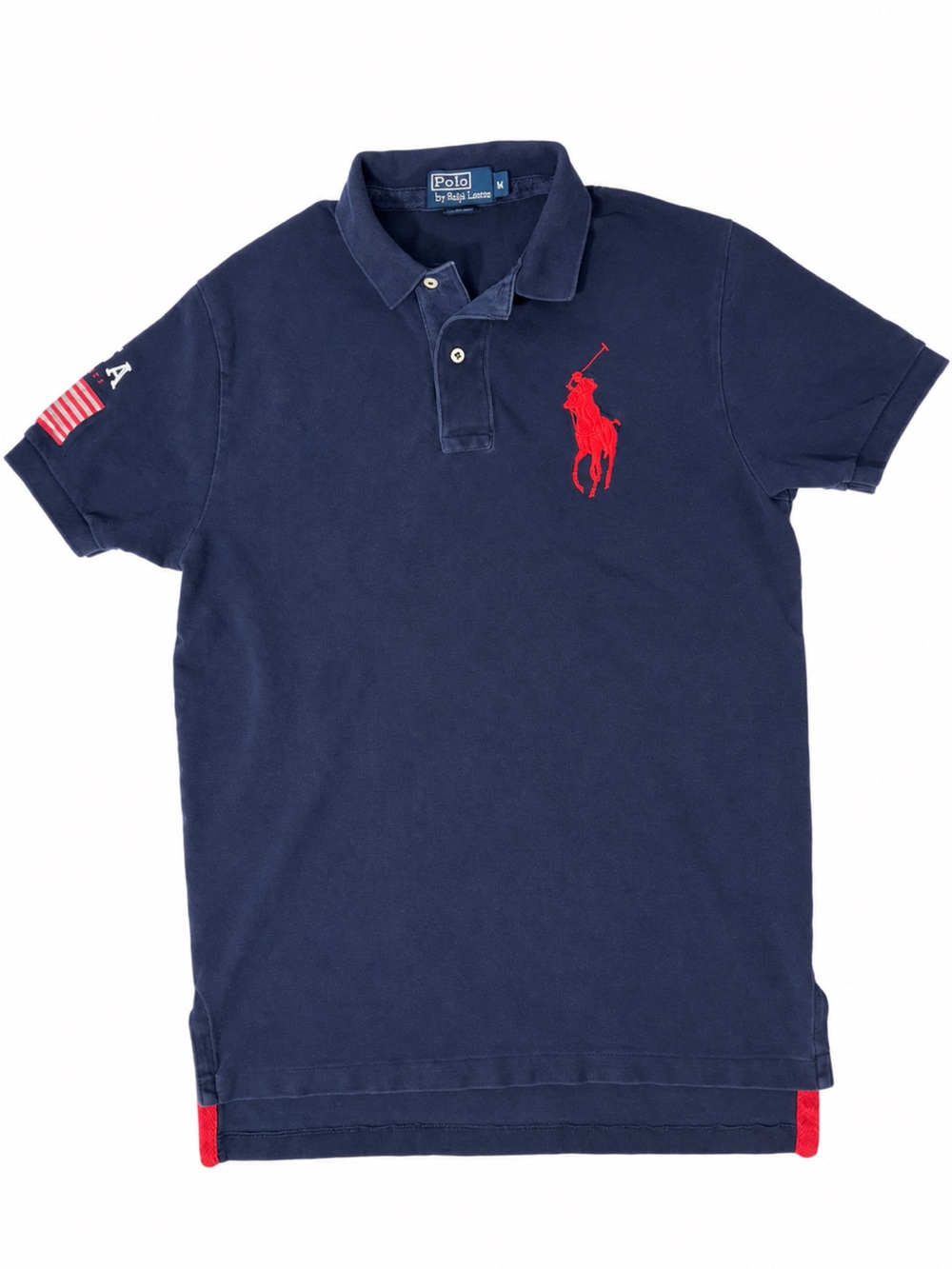 Ralph Lauren Navy Polo with large Red Pony Logo. US flag on sleeve. Size medium